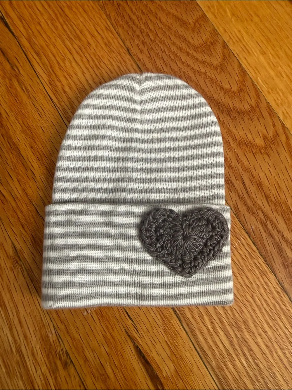 Striped Gray & White Kids Beanie with Crochet Heart